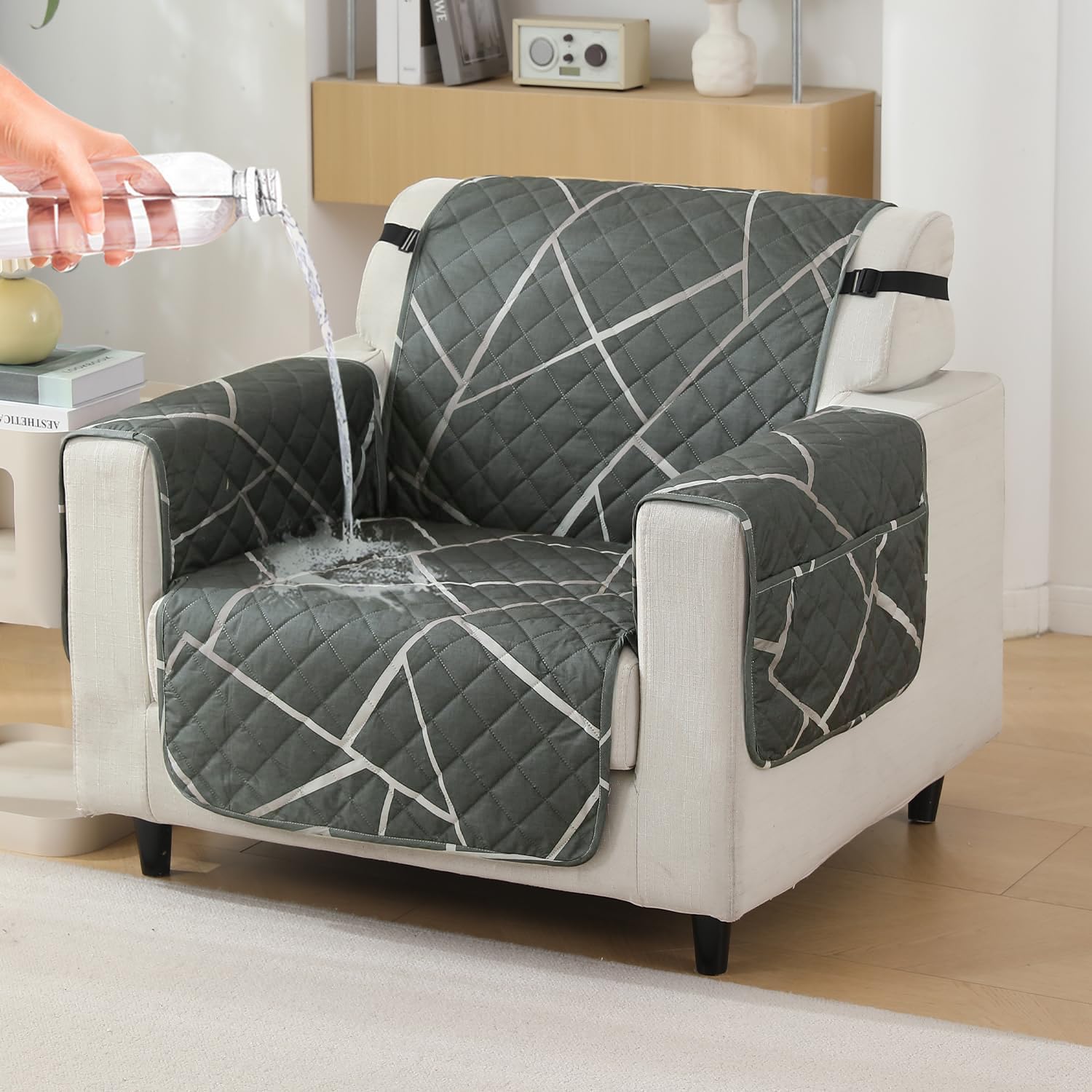 Single seater quilted waterproof sofa cover - Abstract Geometric Shadow Grey print  | Hokipo