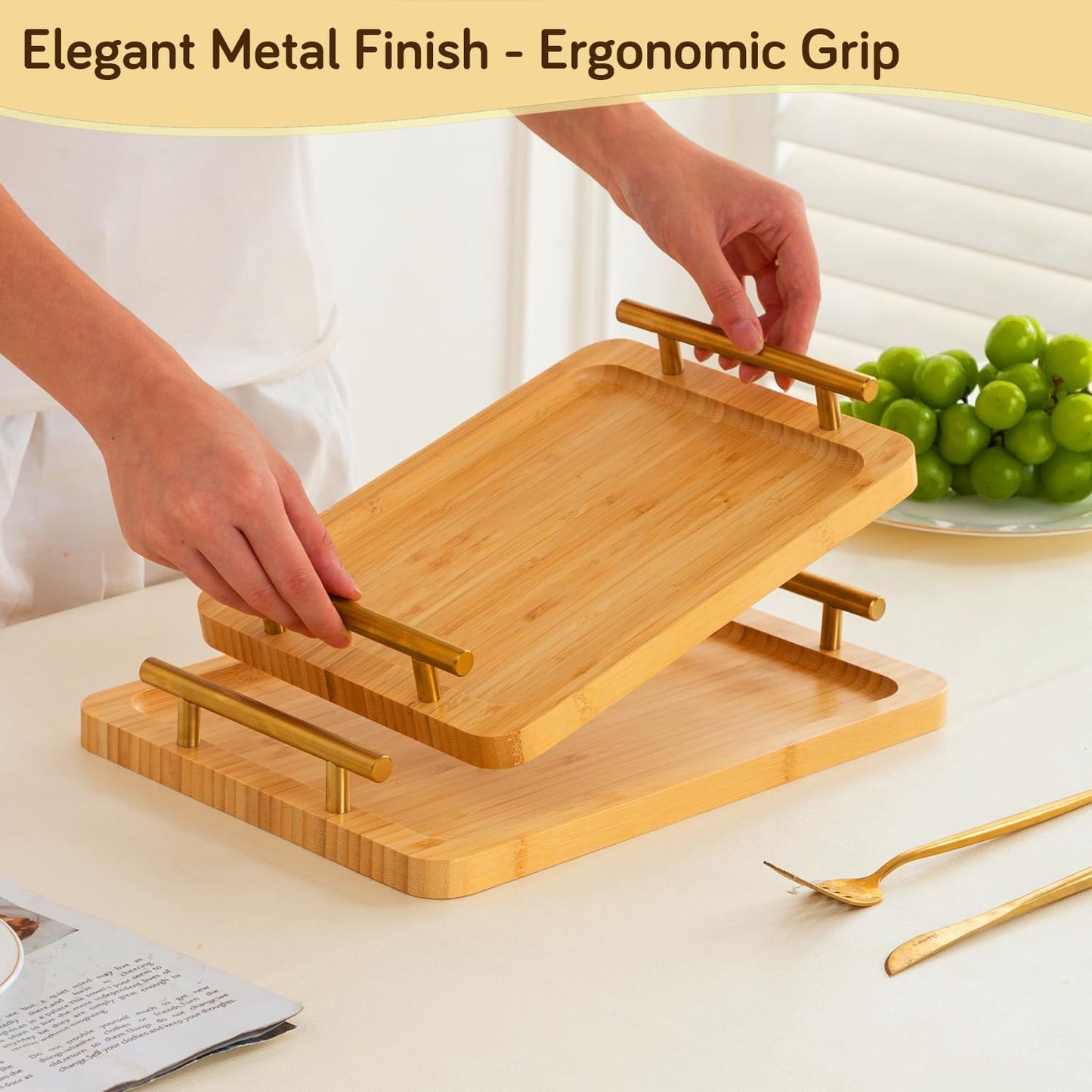 Natural Bamboo Finish Trays Set of 3 with Premium Handles