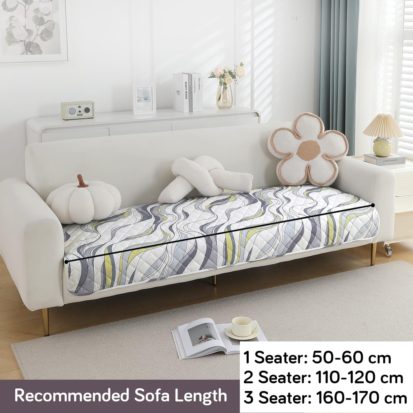 Quilted 1/2/3 Seater Waterproof and Anti-Slip Sofa Cover Mat, Curved Lines Pearl White