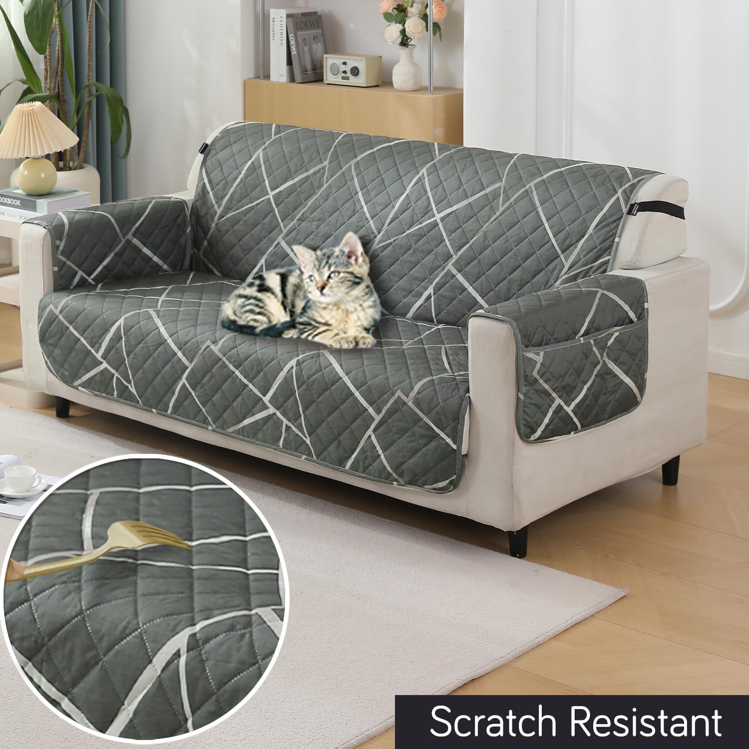 Abstract Geometric Shadow Grey print Scratch resistant 2 seater quilted waterproof sofa cover | Hokipo