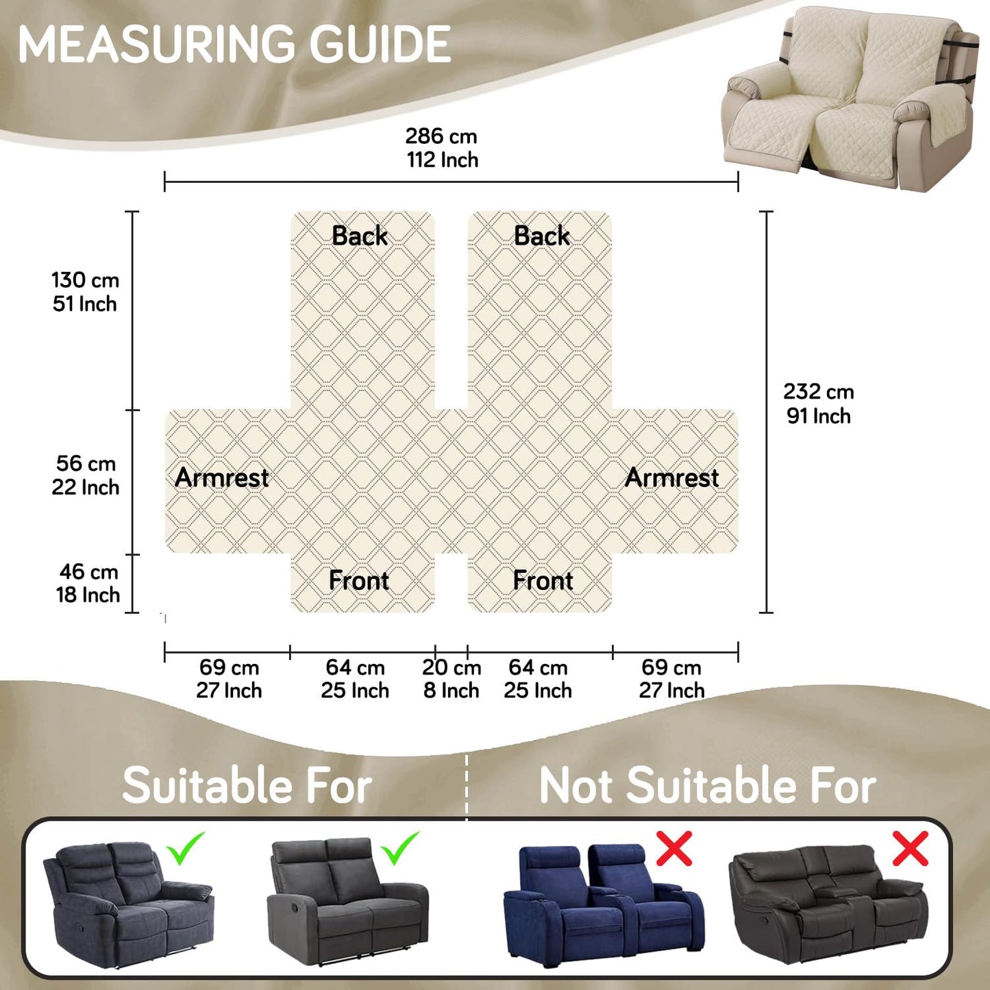 UrbanQuilt Recliner Sofa Slipcover Mat with Dual Belt for 1/2/3 Seater - Cream