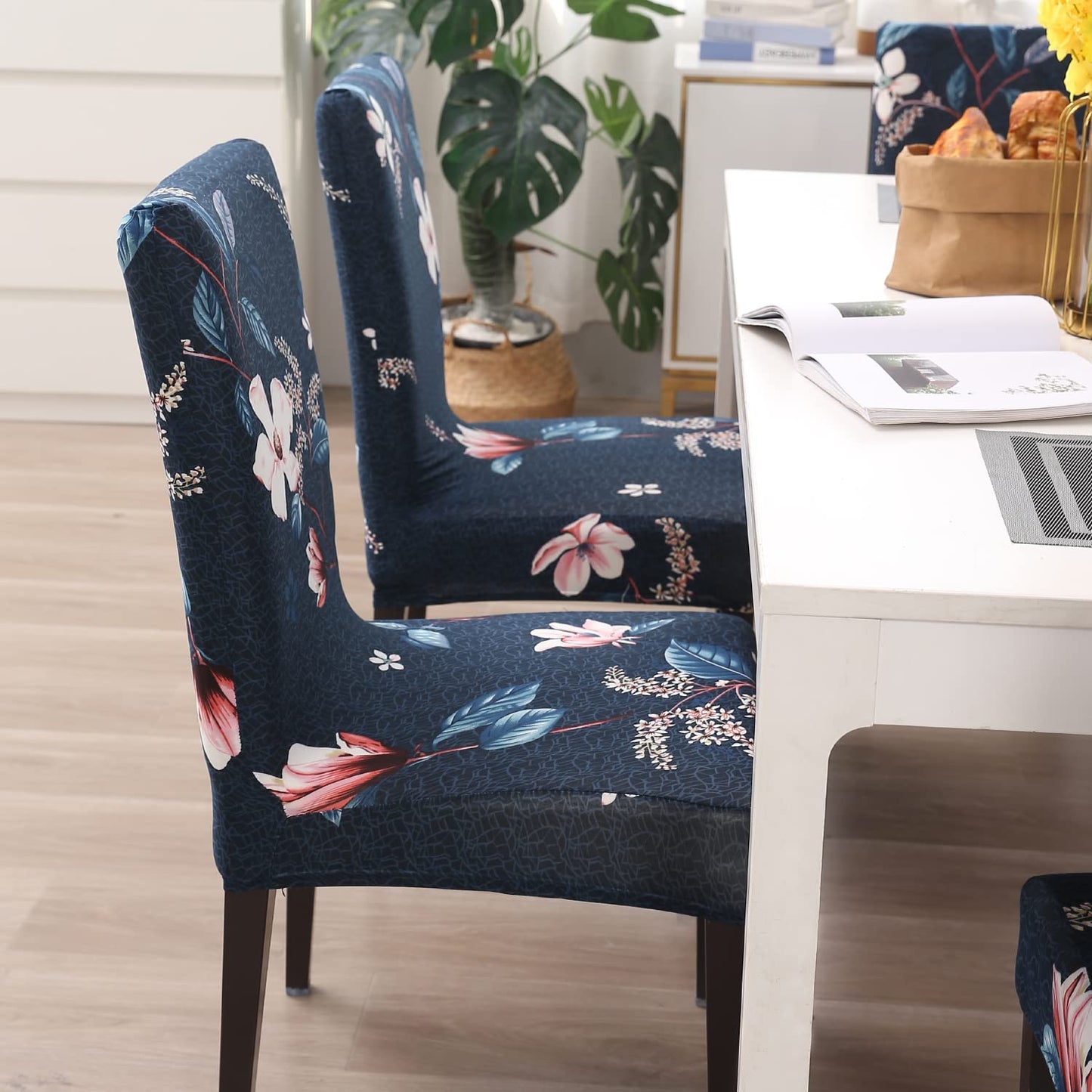 Elastic Stretchable Dining Chair Cover, Blue Mixed Flowers