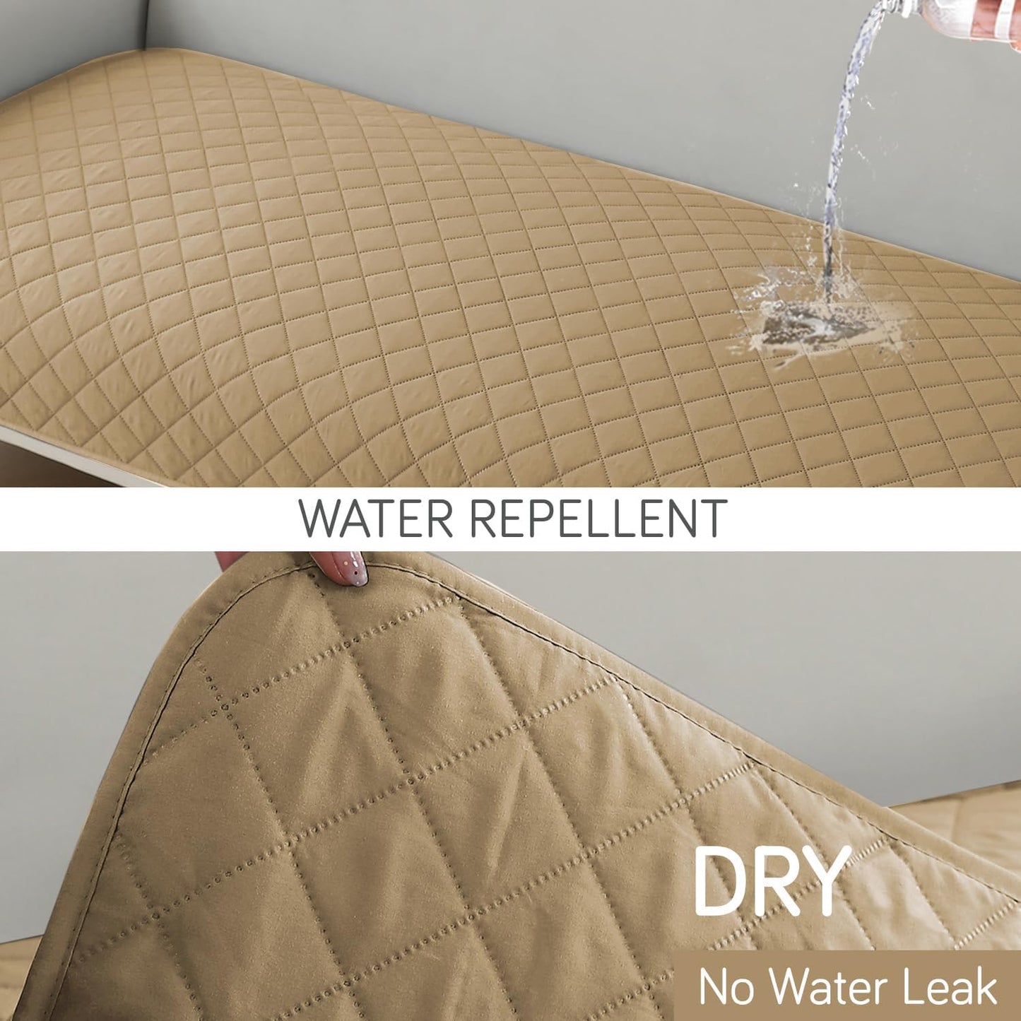 HOKIPO Quilted Waterproof Sofa Seat Mat with 2 Armrest Covers with Pockets, Camel