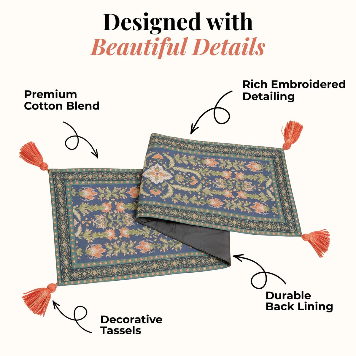 HOKIPO Floral Medallion Printed & Embroidered Table Runner, Midnight Blue - image 3
