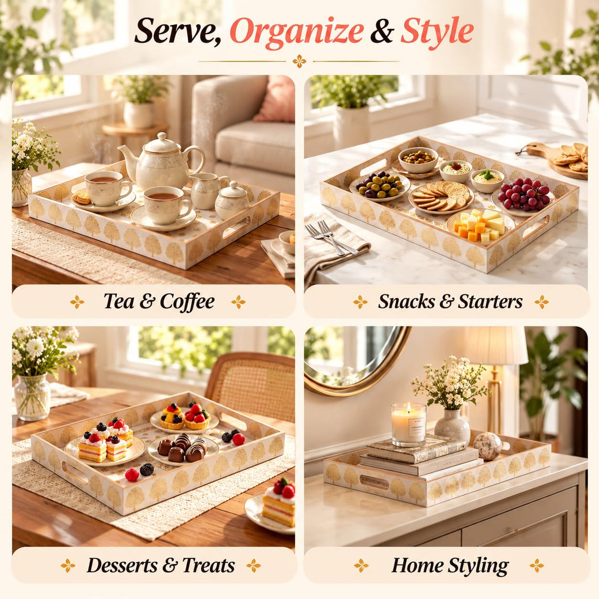 HOKIPO Serving Tray Set of 3, Engineered Wood, Swarna Vriksha - image 5