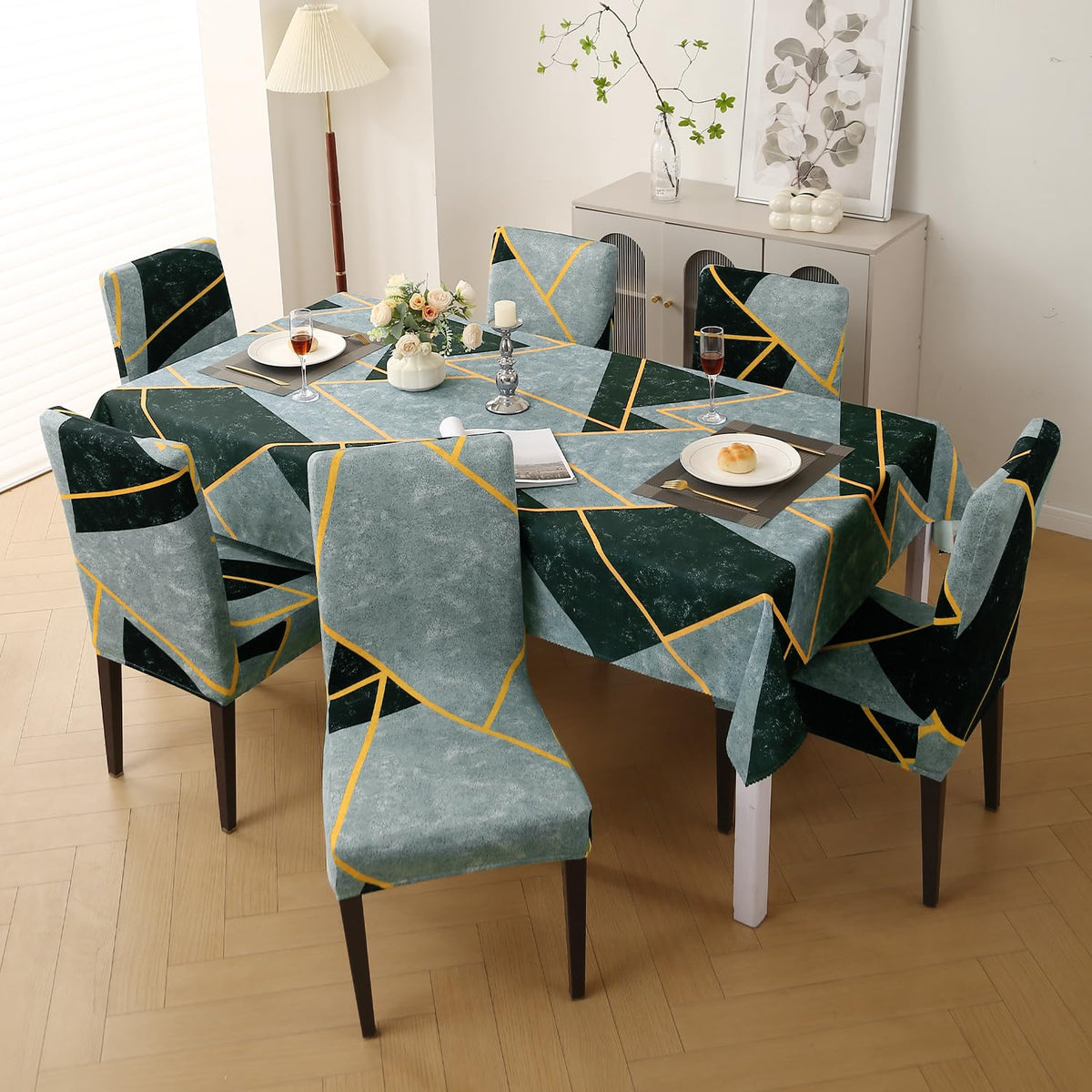 Elastic Dining Chair Covers with Matching Tablecloth, Multicolor Abstract Geometry