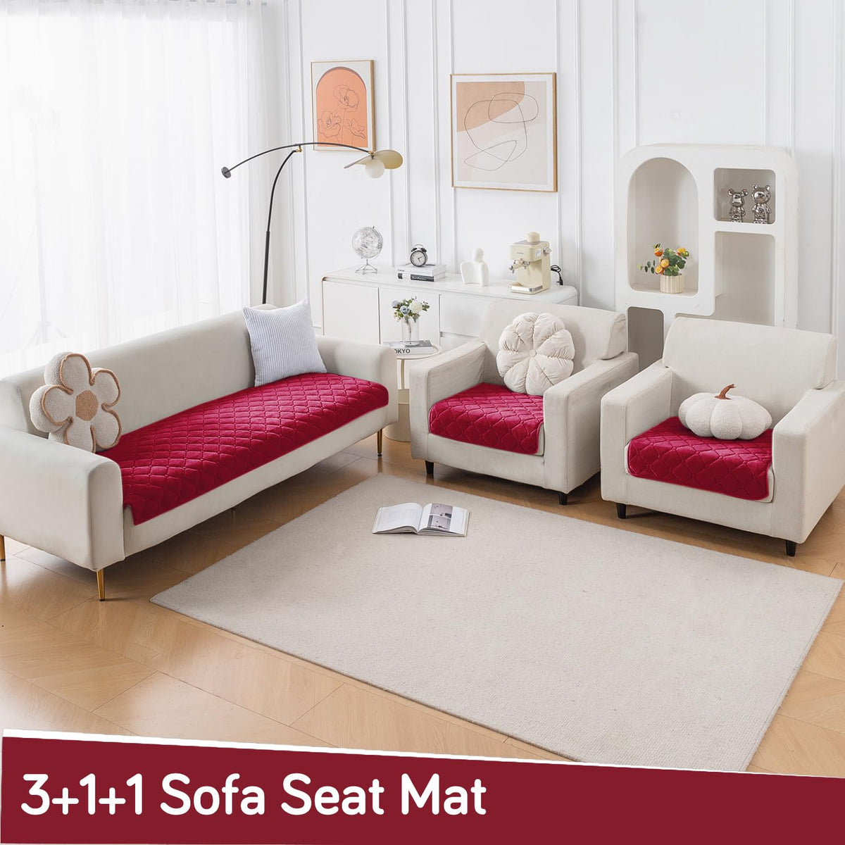 Diamond Tuft Quilted 5-Seater Sofa Mat (3+1+1), Anti-Slip, Rasberry Red