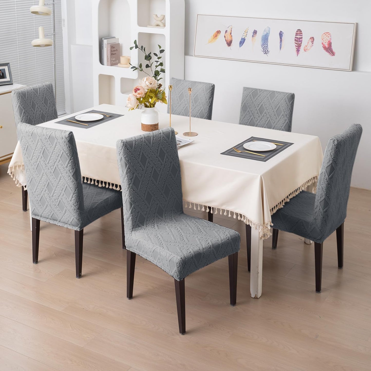 Chair Cover Set of 1/2/4/6, 190 GSM Jacquard, Light Grey