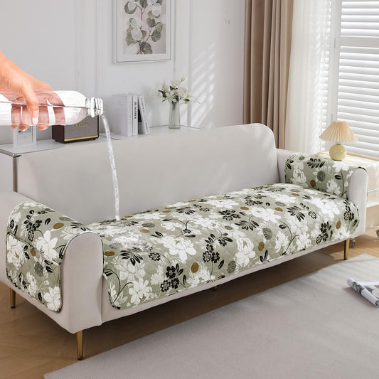 Waterproof Quilted Sofa Seat Mat for 1/2/3 Seater with 2 Armrest Covers with Pockets, Feather Brown Floral