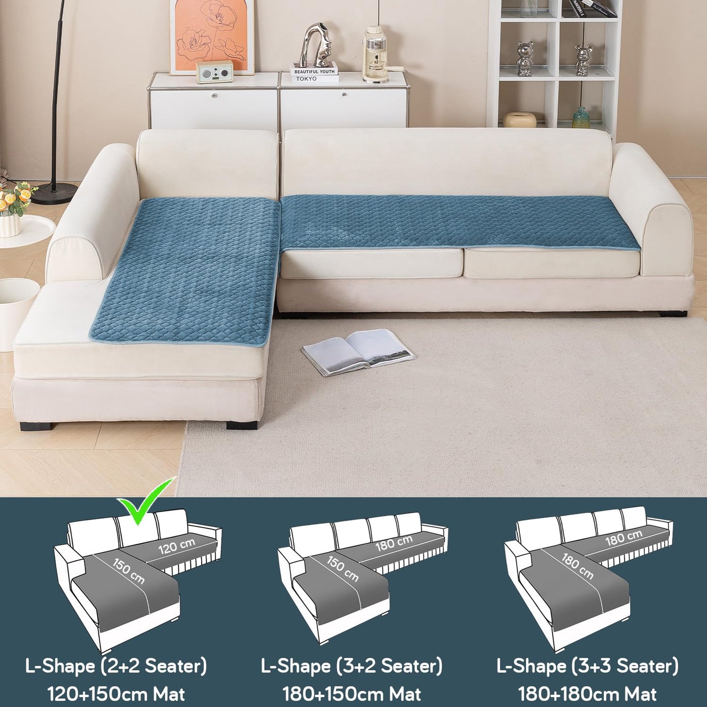 Diamond Plush Premium Quilted L Shape Sofa Cover Seat Mat, Blue