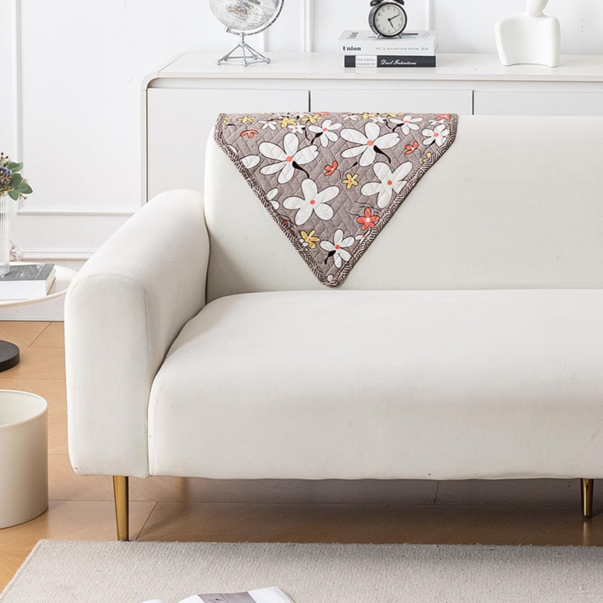 'Homehues' Printed Quilted Sofa Cover Mats, Pastel Brown Sandwort Flower