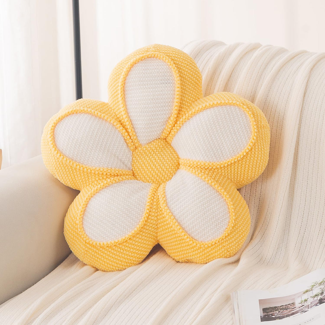 HOKIPO Daisy Petal Flower Cushion for Sofa & Bed, 47 cm, Yellow