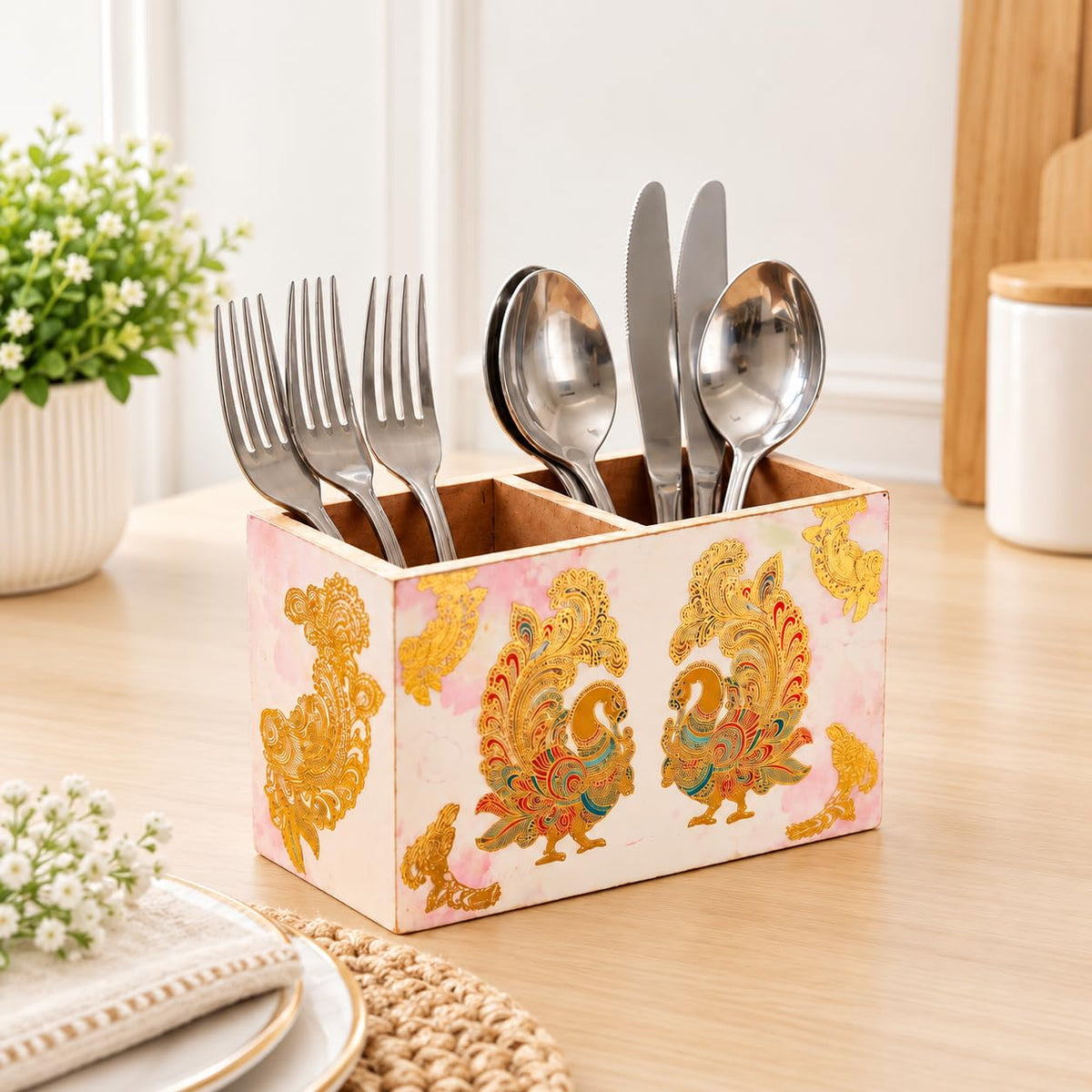 HOKIPO Cutlery Holder for Dining Table, Engineered Wood, Indigo Flora - image 11