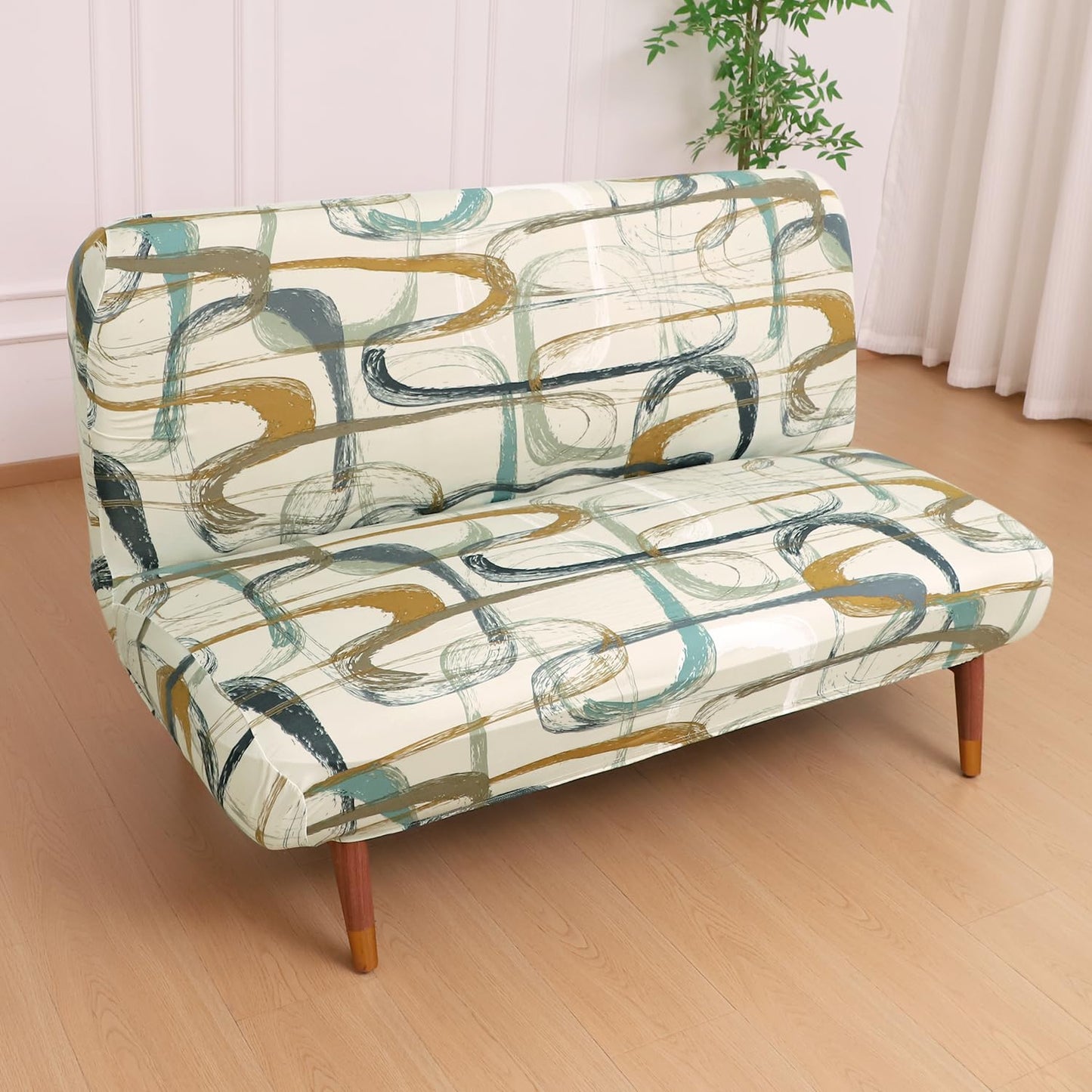 Elira Series Stretchable Elastic Armless Sofa Cover – 140 GSM, Futon Slipcover, Easy Fit, Parchement Beige Abstract Art