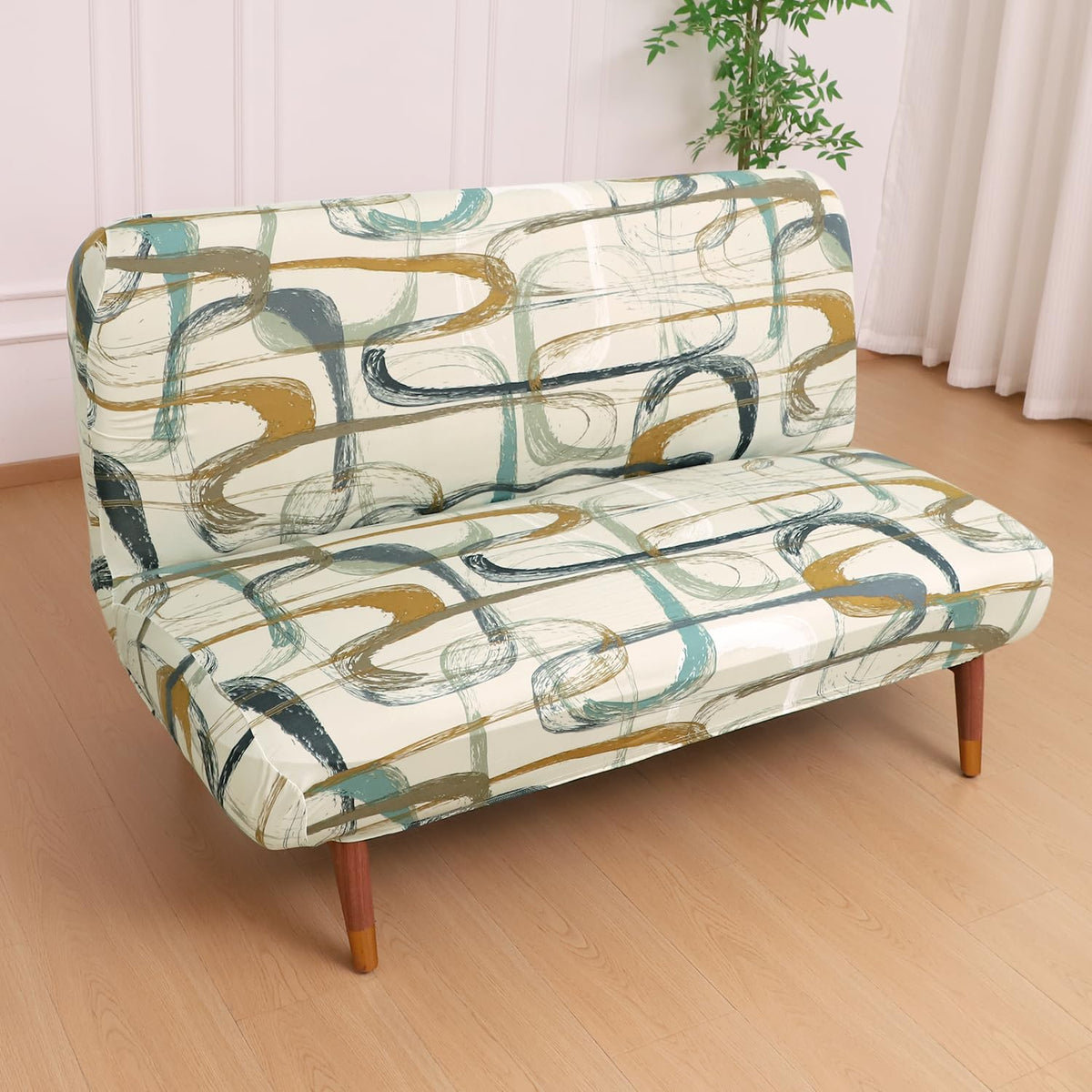 Buy Parchement Beige Abstract Art Printed Stretchable Armless Sofa Cover - HOKIPO