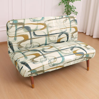 Elira Series Stretchable Elastic Armless Sofa Cover – 140 GSM, Futon Slipcover, Easy Fit, Parchement Beige Abstract Art