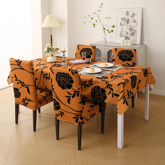 Elastic Dining Chair Covers with Matching Tablecloth, Copper Brown Floral