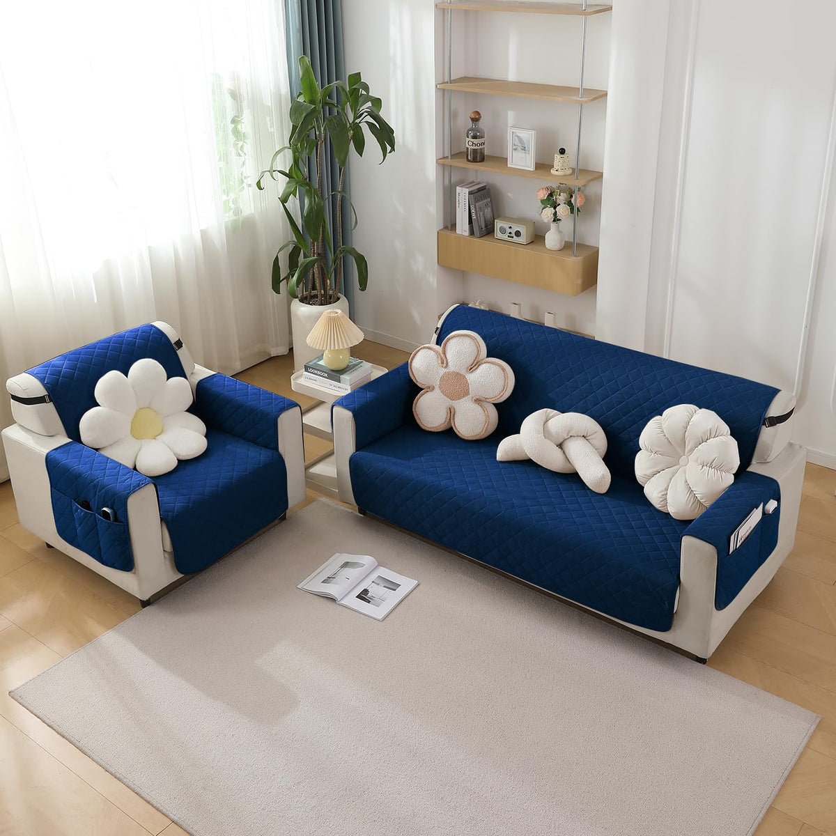 Navy Blue Colour Quilted Waterproof Sofa Covers | Hokipo