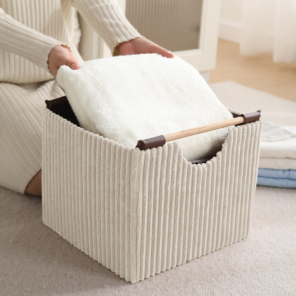 Premium Foldable Storage Bin with Wooden Handles | Corduroy Fabric Organizer Box for Wardrobe, Books, Clothes & Misc Items, Cream