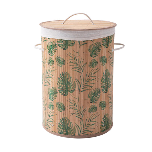 Eco-Friendly Foldable Bamboo Laundry Basket Hamper with Lid, Large, 61 Litre, Tropical Leaves
