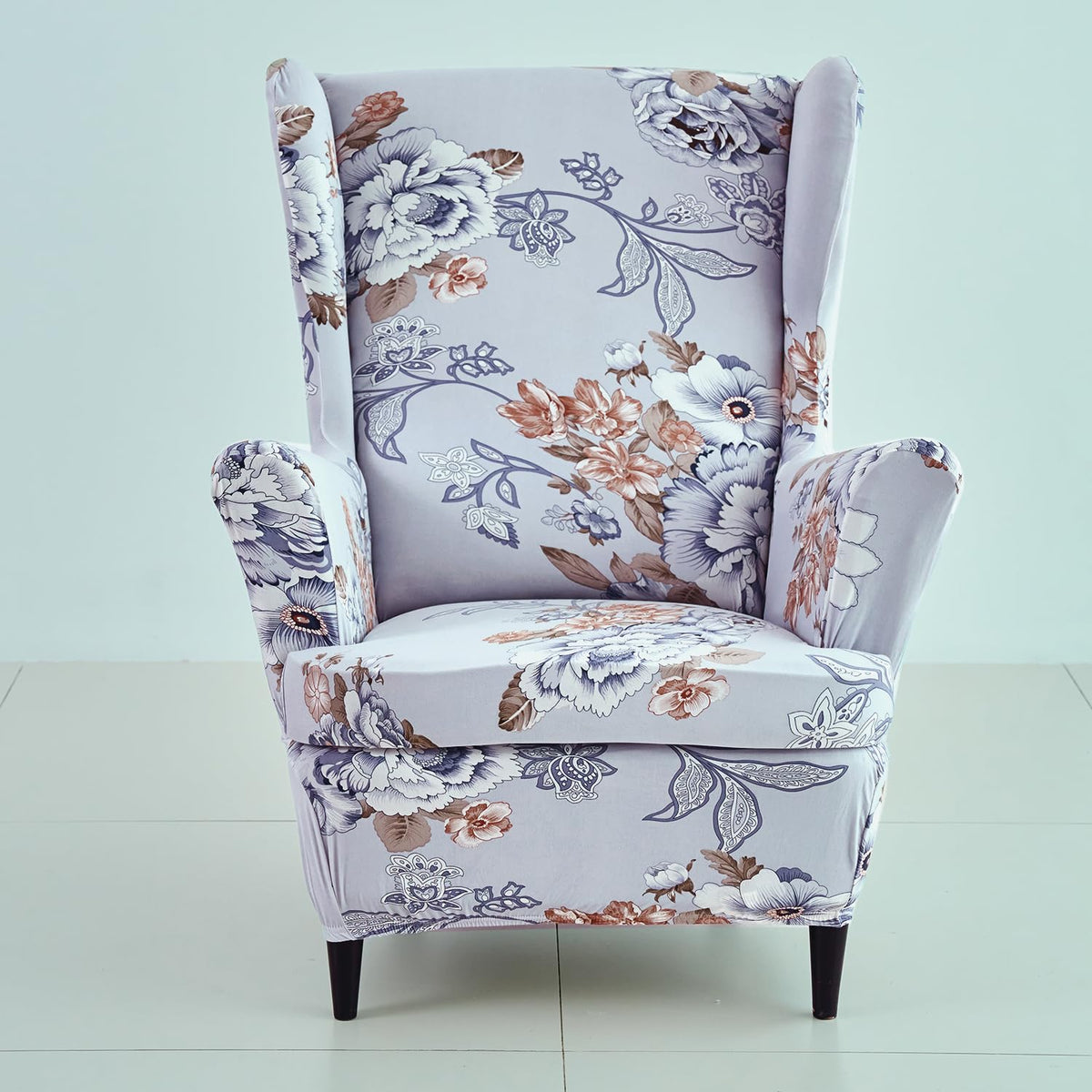 Gentle Grey Dahlia Elastic Chair Covers for Wingback Chairs