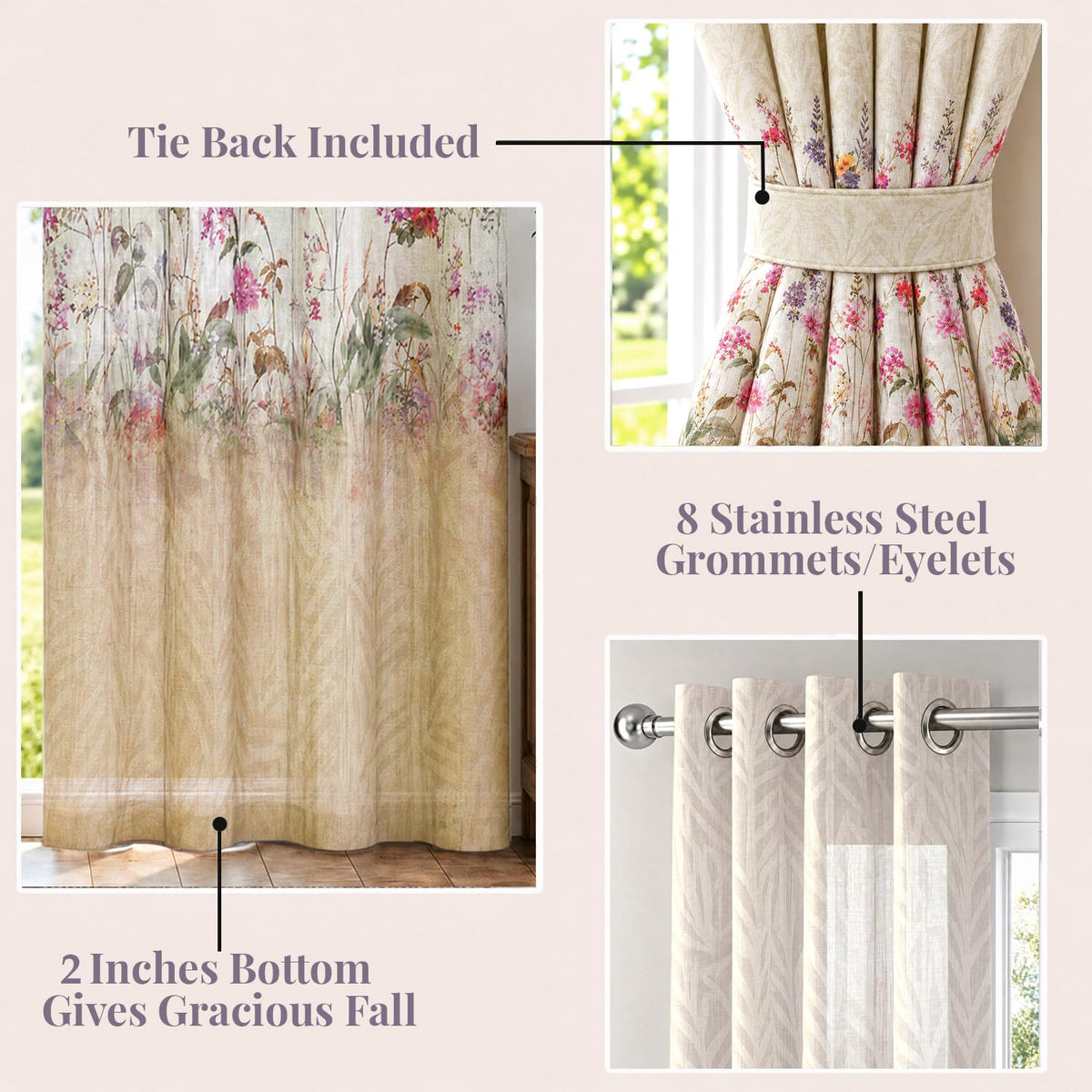 HOKIPO Petal Breeze Sheer Curtains, 7 Feet Long - Champagne Grace - image 4