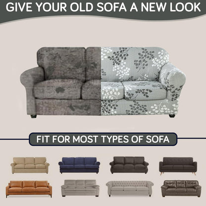 Printed Stretchable Sofa Slipcover with 1/2/3 Pc Separate Seat Cushion Cover for each 1/2/3 Seater, Grey Misty Branches