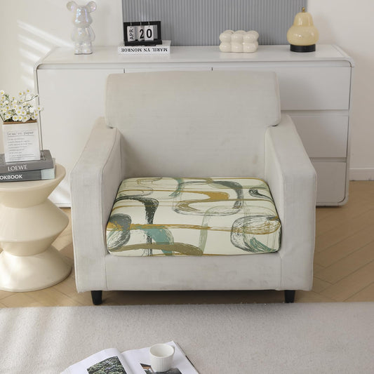 140 GSM Stretchable Printed Elastic Sofa Cushion Seat Cover for 1 /2 /3 Seaters / Pieces for Sofa, Parchement Beige Abstract Art