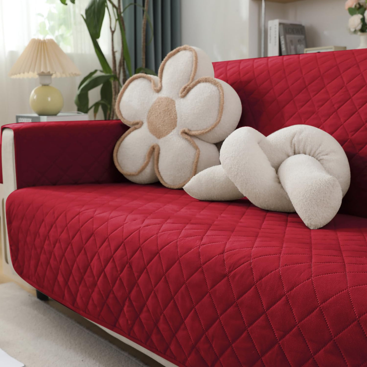 Red Colour Quilted Waterproof Sofa Cover | Hokipo
