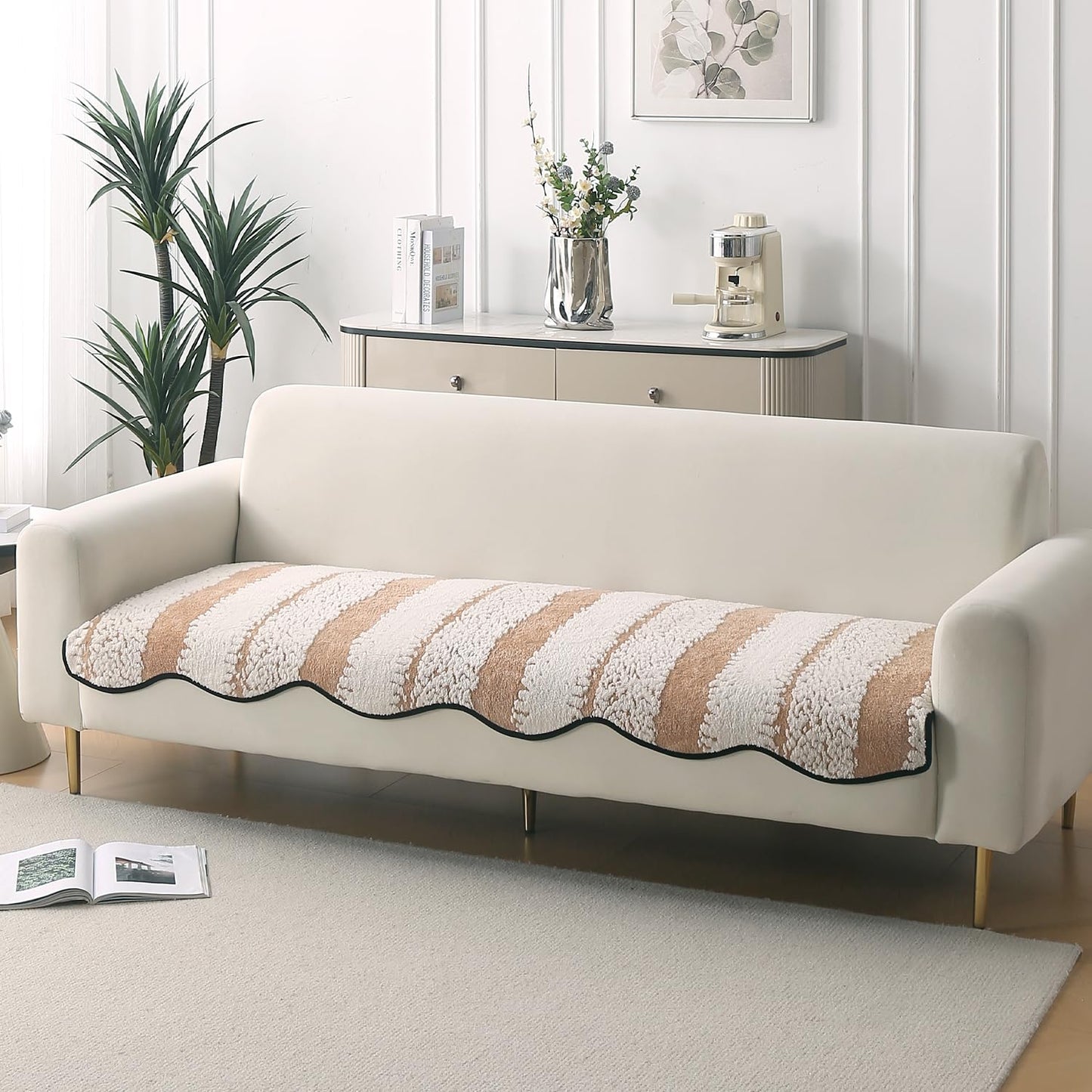 Luxury Wavy Anti Slip Plush Sofa Cover Mat, Desert Brown