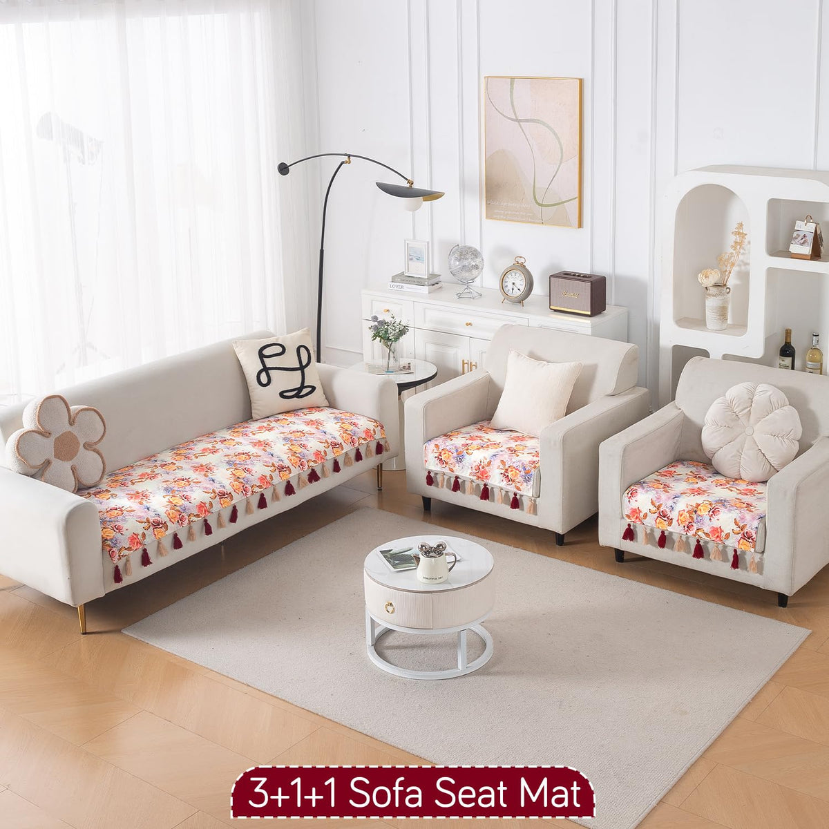 'Whispers of Nature' Series Holland Velvet Sofa Seat Mat with Tassel, Vintage Rose Bloom