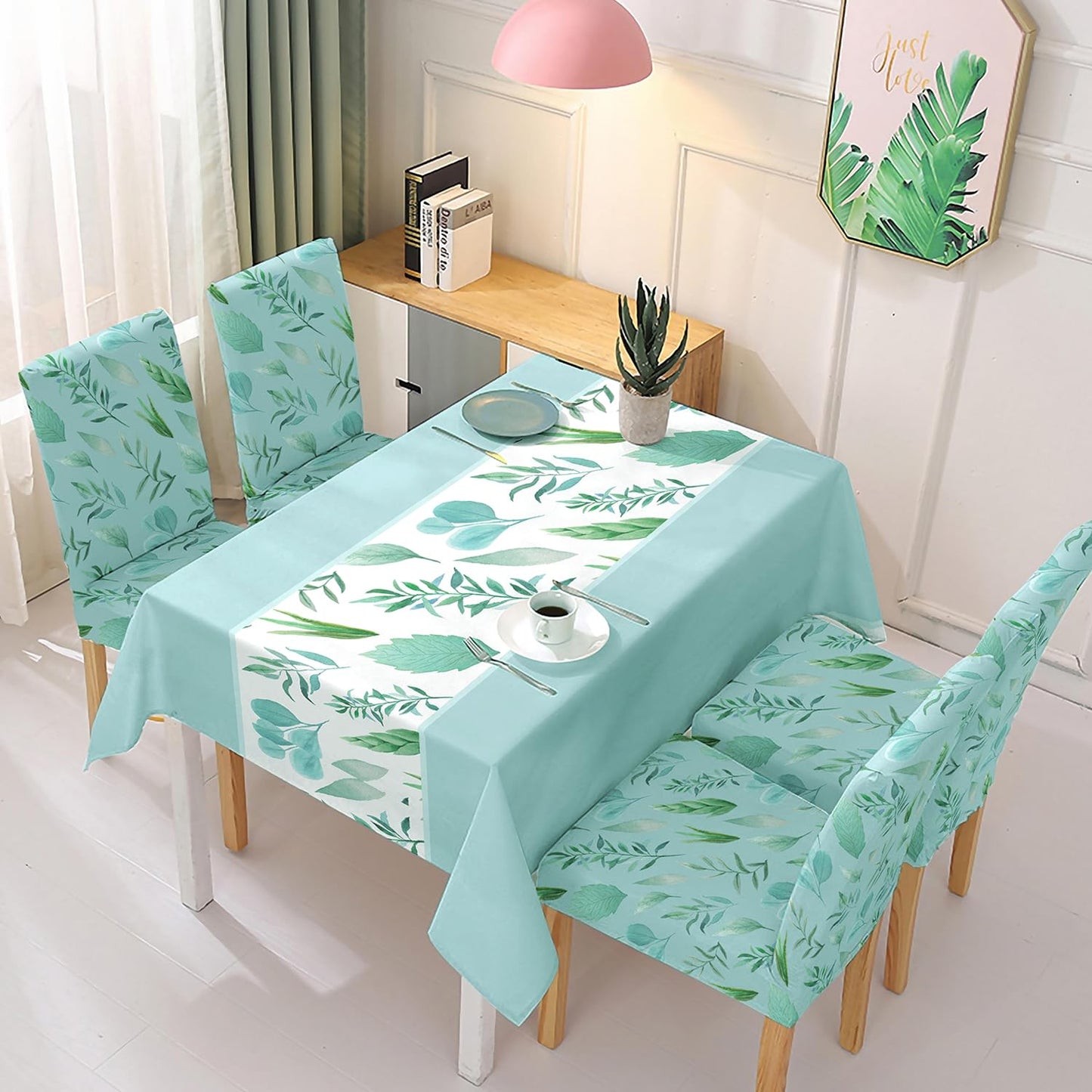 Polyester Dining Chair Covers Set of 4/6 with Matching Tablecloth, Varied Leaves Rhine Blue