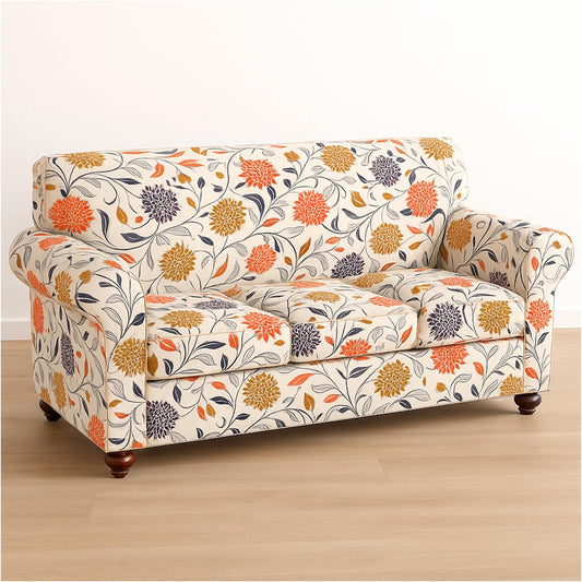 Printed Stretchable Sofa Slipcover with 1/2/3 Pc Separate Seat Cushion Cover for each 1/2/3 Seater, Sunset Botanical Bloom