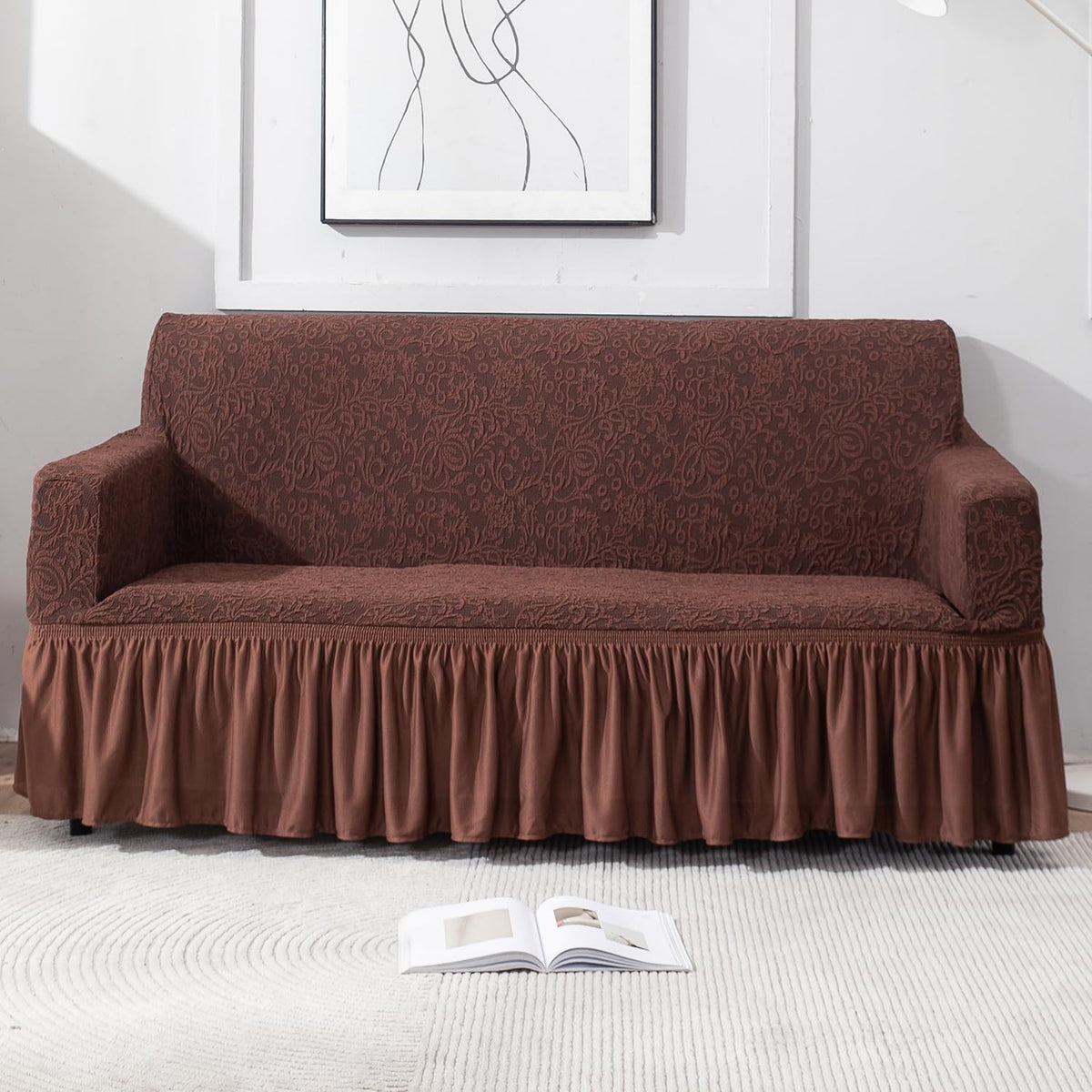 Elastic Stretchable Designer Woven Jacquard Sofa Cover with Frill , Pecan Brown