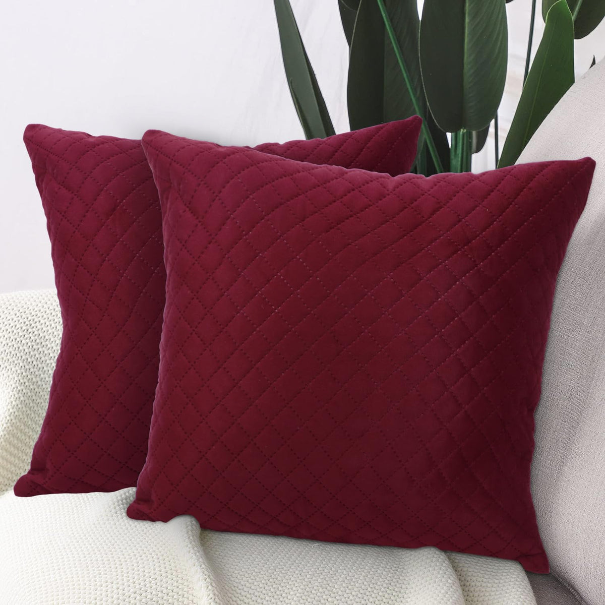 Buy Sangria Red Colour Quilted Velvet Cushion Covers
