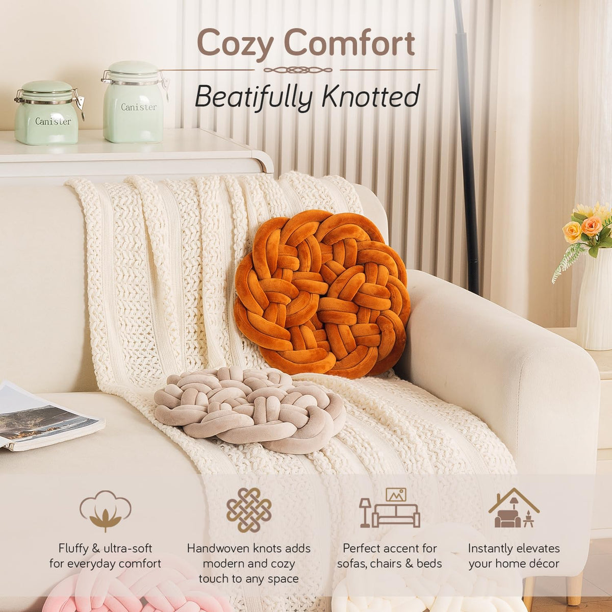 HOKIPO Round Braided Knot Cushion for Bed, Couch & Chair, 36 cm, Beige