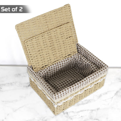 Environmental Friendly Paper Rope Wicker Storage Baskets with lid, Set of 2, Beige