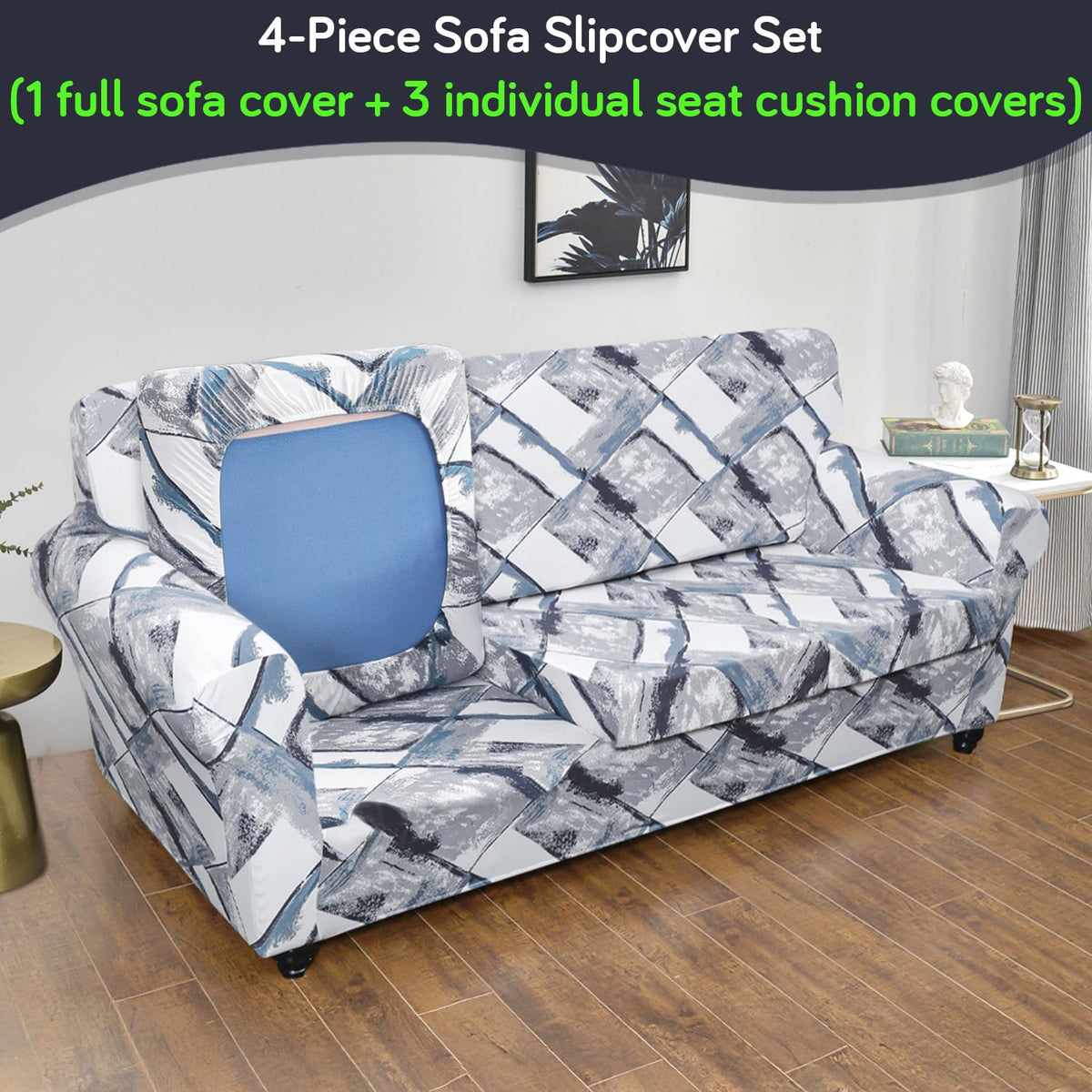 Printed Stretchable Sofa Slipcover with 1/2/3 Pc Separate Seat Cushion Cover for each 1/2/3 Seater, Graphite Glacier Grid
