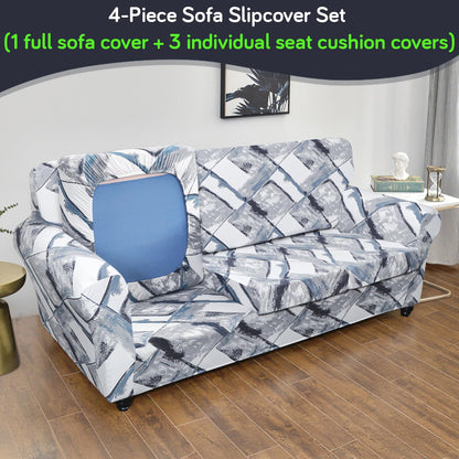 Printed Stretchable Sofa Slipcover with 1/2/3 Pc Separate Seat Cushion Cover for each 1/2/3 Seater, Graphite Glacier Grid
