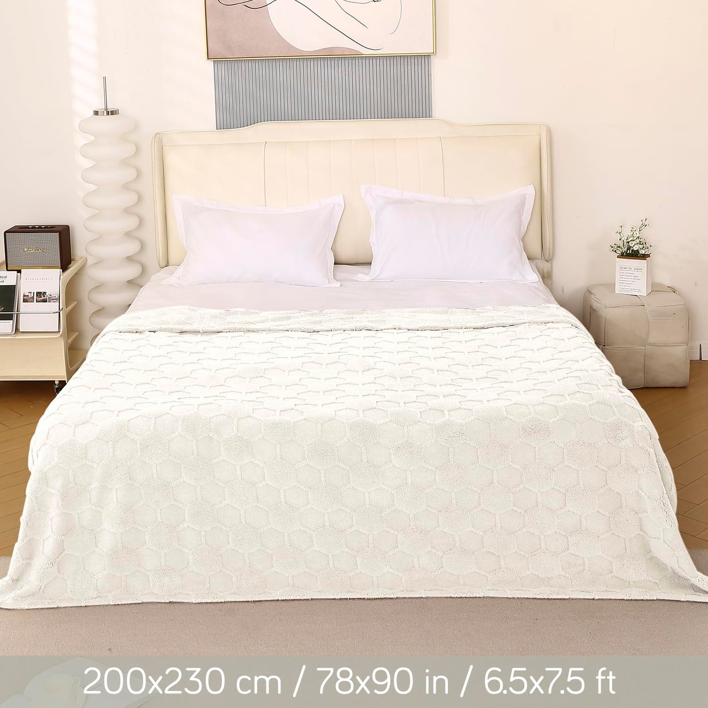 220 GSM Flannel AC Throw Blanket Double Bed Queen, 200x230 cm / 6.5x7.5 feet, Cream