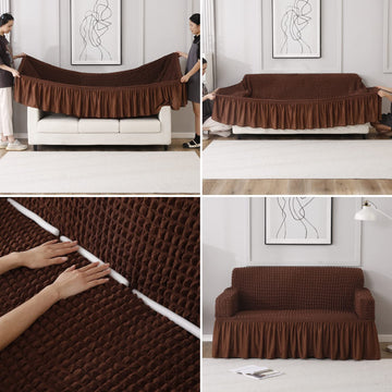 How to put Dark Brown stretchable Turkish Bubble frill sofa cover guide
