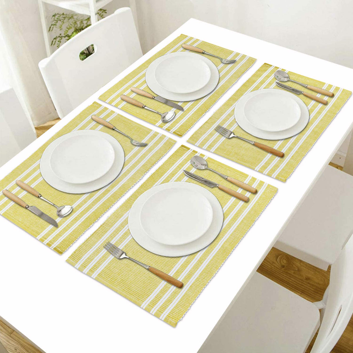 Ribbed Cotton Heat Resistant Dining Table Mat, Yellow Striped