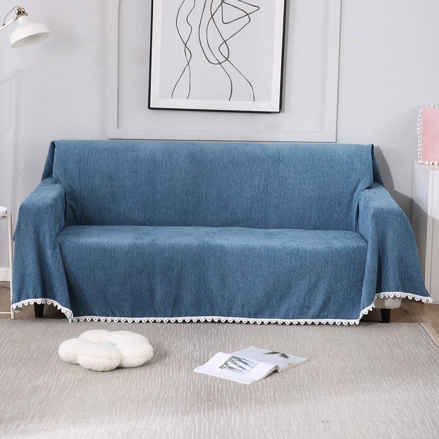 Blue colour chenille 3 seater sofa throw of size 180(D)x300(L)
