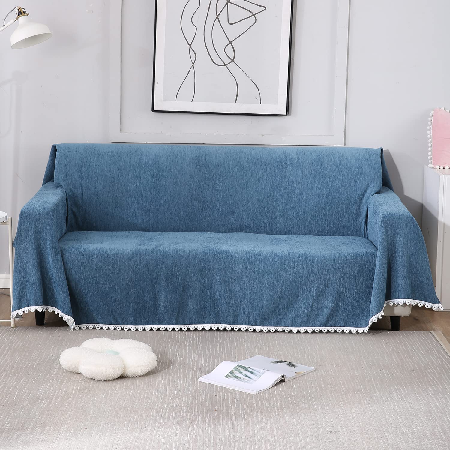 Blue colour chenille 3 seater sofa throw of size 180(D)x300(L)
