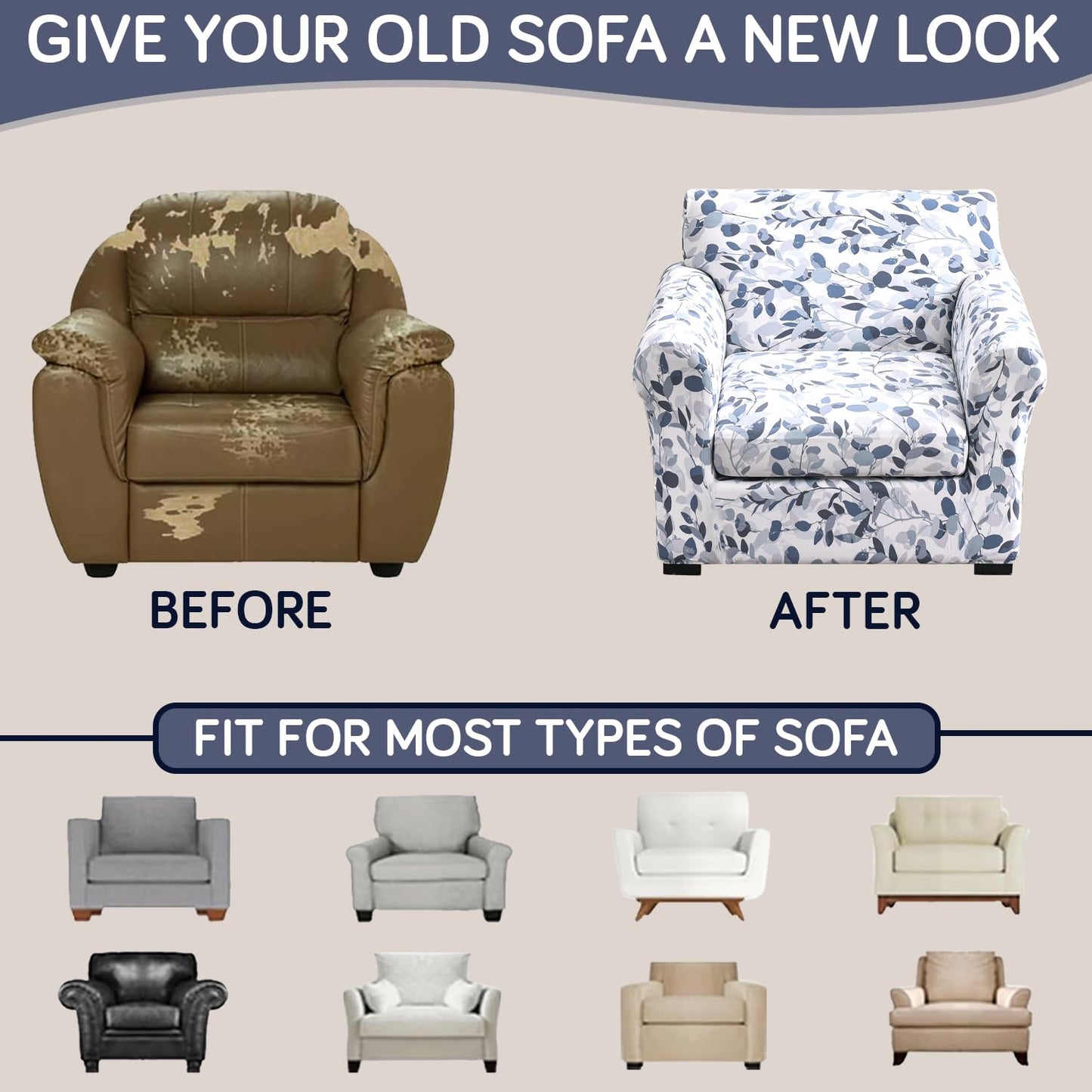 Printed Stretchable Sofa Slipcover with 1/2/3 Pc Separate Seat Cushion Cover for each 1/2/3 Seater,Frost Blue Foilage