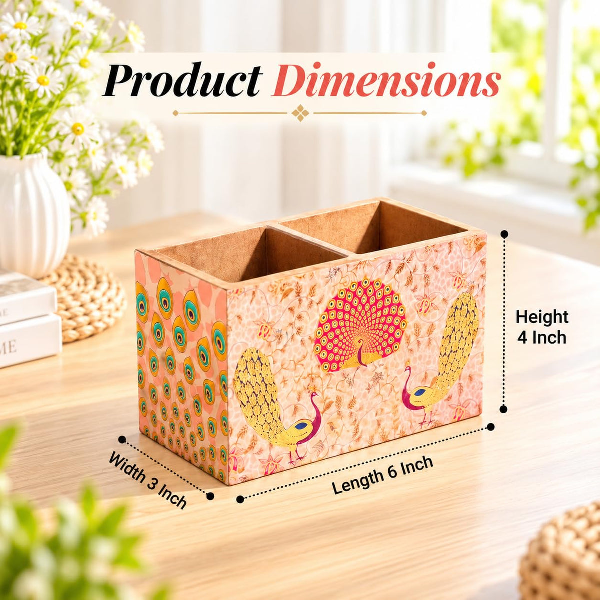 HOKIPO Cutlery Holder for Dining Table, Engineered Wood, Gulabi Mayurvan - image 5