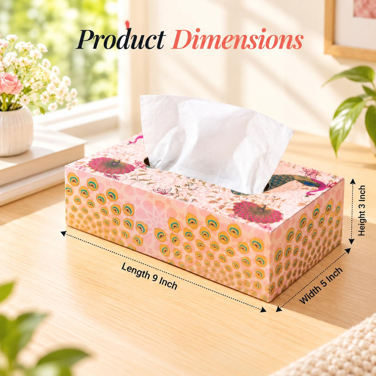 HOKIPO Tissue Box Holder, Rectangle, Engineered Wood, Gulabi Mayurvan - image 4