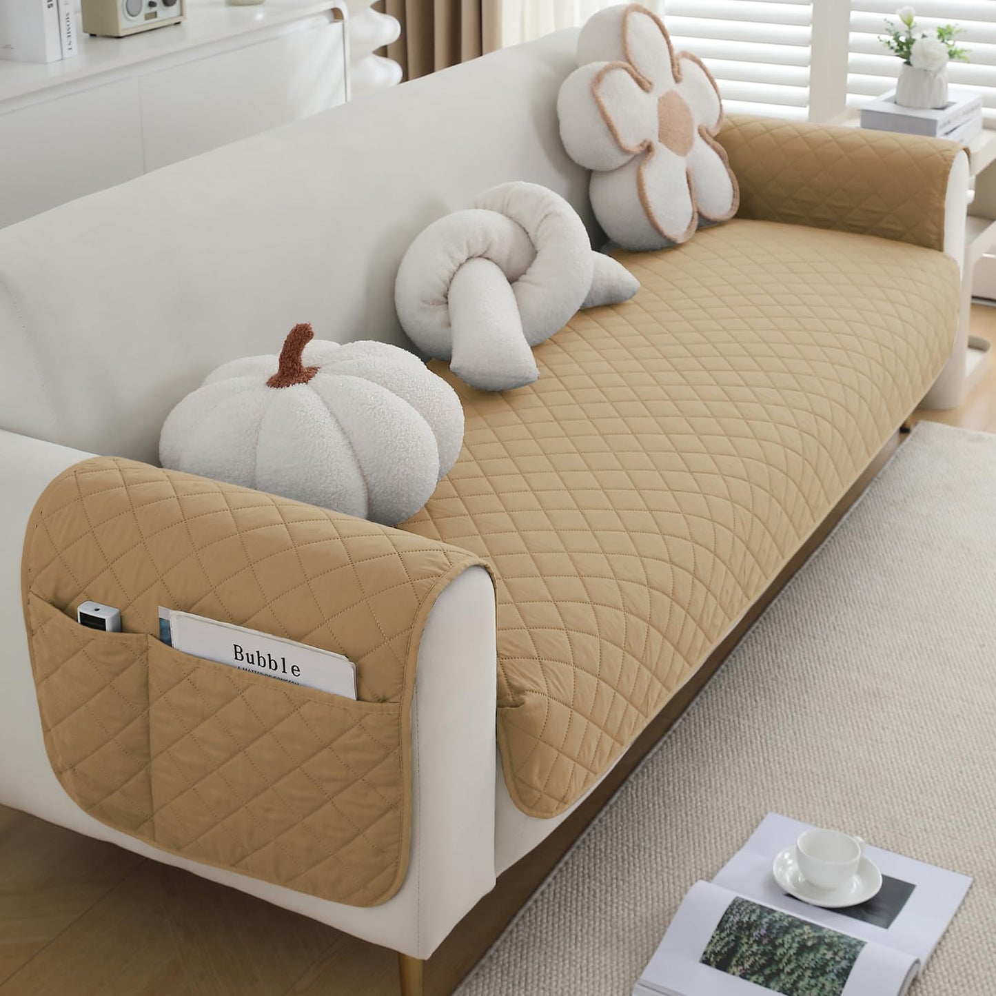 HOKIPO Quilted Waterproof Sofa Seat Mat with 2 Armrest Covers with Pockets, Camel