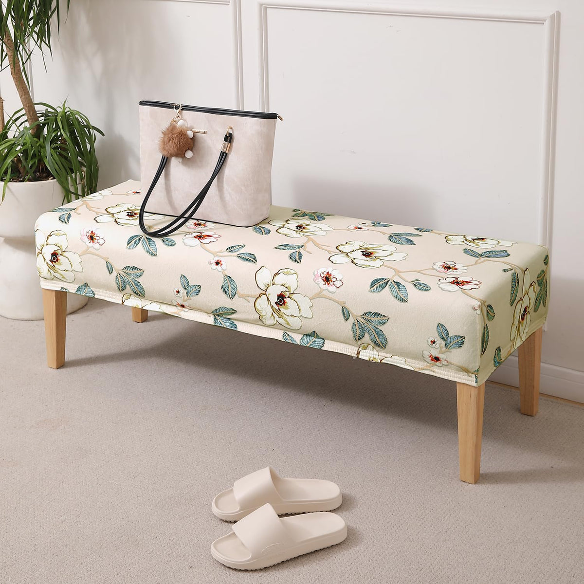 Premium Printed Velvet Stretchable Dining Bench Slipcover, Buttercream Magnolia Whisper