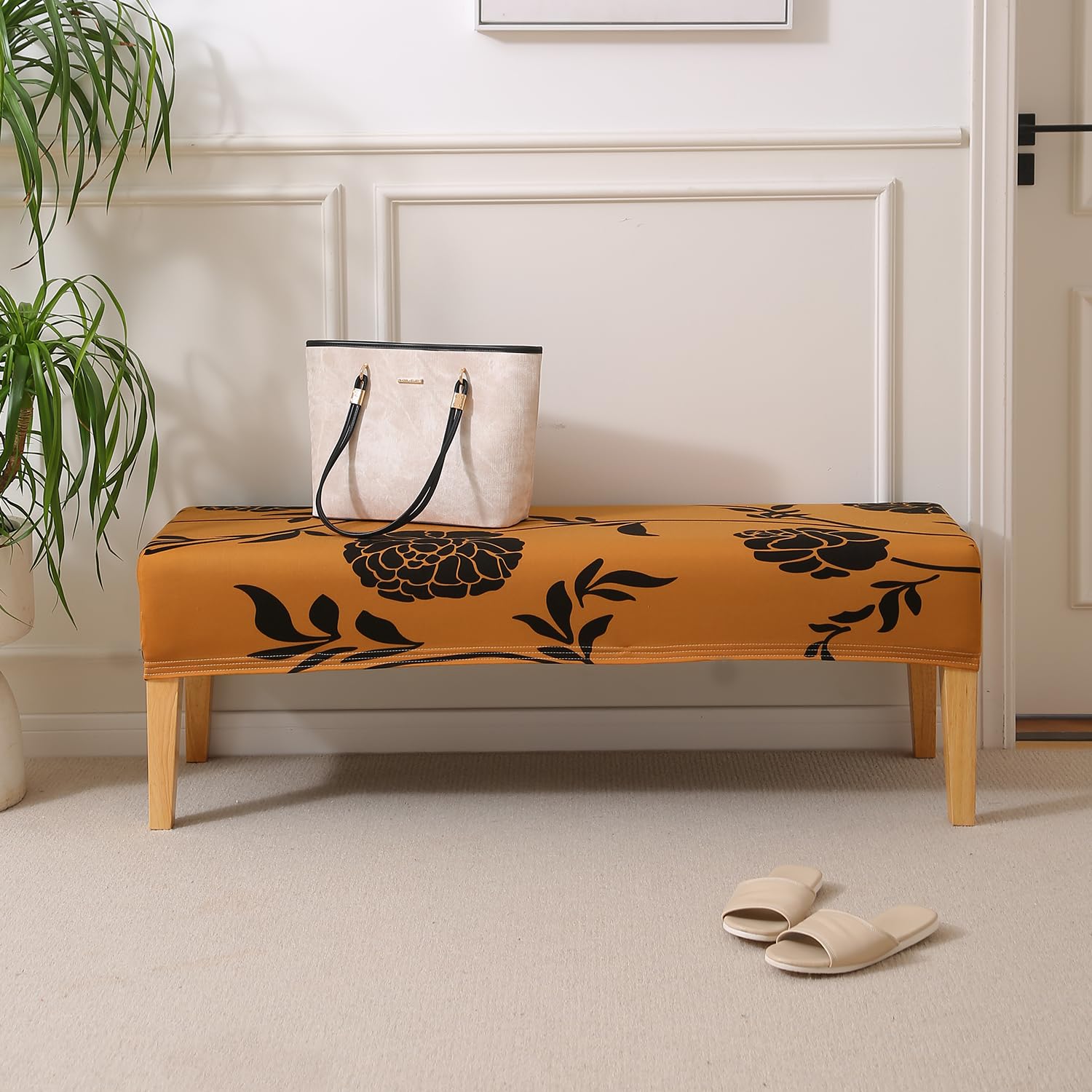 Elastic Printed Dining Bench Stretchable Slipcover, Copper Brown Floral